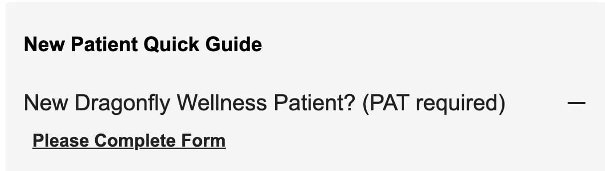 Shows the New Patient Quick Guide? section of the registration page, with the final section open and the Please Complete Form button highlighted by a red outline.