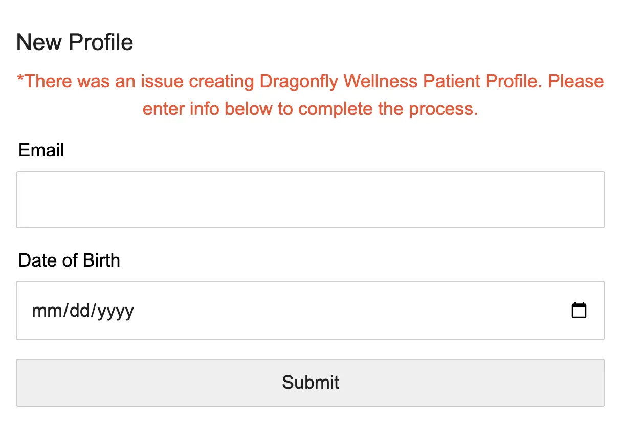 Image of the New Profile fallback, with fields for PAT# and Date of Birth to be resubmitted.
